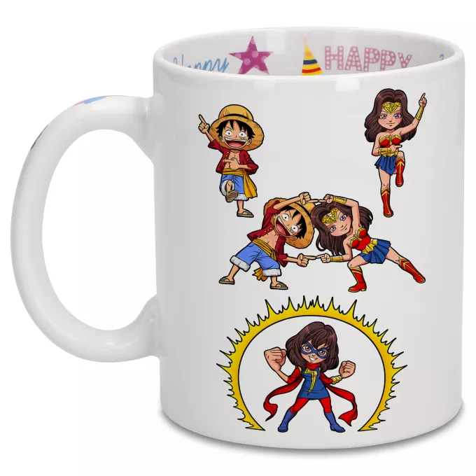 Födelsedagsmuggar Parodi One Piece Gomu Gomu no Fusion ! - Ruffy, Wonder Woman, Kamala aka Miss Marvel