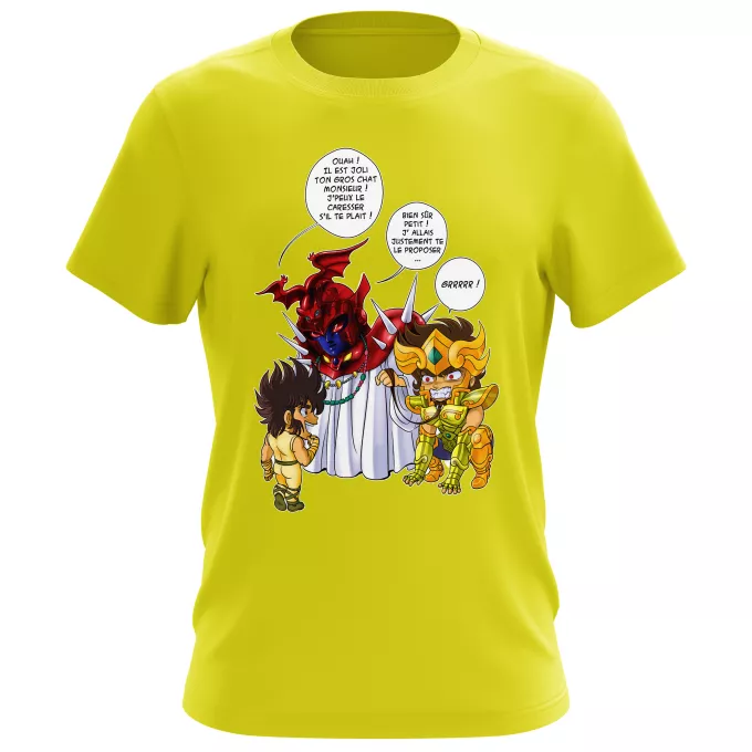 T-shirts Hommes Parodie Saint Seiya Un gros chat sauvage en laisse ! - Aiolia chevalier d'or du Lion face au Grand Pope