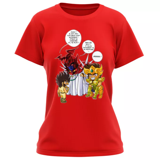 T-shirts Femmes Parodie Saint Seiya Un gros chat sauvage en laisse ! - Aiolia chevalier d'or du Lion face au Grand Pope