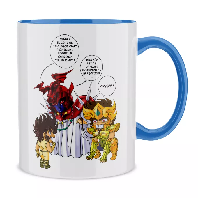 Mugs Parodie Saint Seiya Un gros chat sauvage en laisse ! - Aiolia chevalier d'or du Lion face au Grand Pope