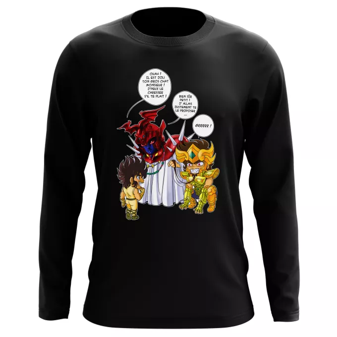 T-Shirts manches longues Parodie Saint Seiya Un gros chat sauvage en laisse ! - Aiolia chevalier d'or du Lion face au Grand Pope