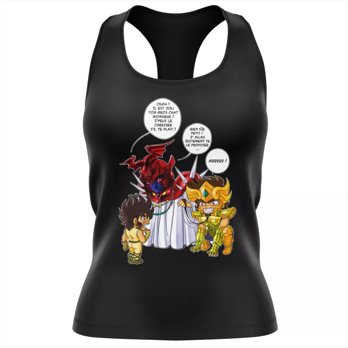 Débardeur Femme Parodie Saint Seiya Un gros chat sauvage en laisse ! - Aiolia chevalier d'or du Lion face au Grand Pope
