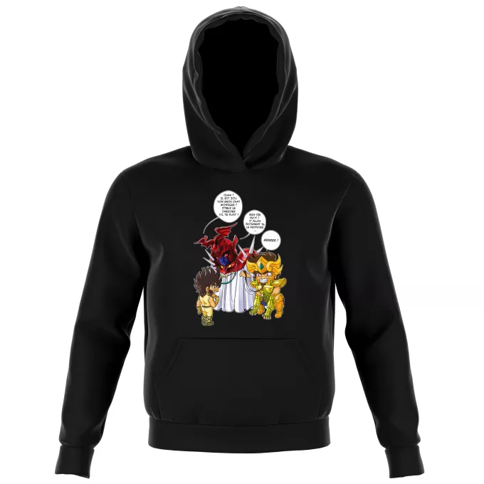 Sweat-shirts à Capuche Enfant Parodie Saint Seiya Un gros chat sauvage en laisse ! - Aiolia chevalier d'or du Lion face au Grand Pope