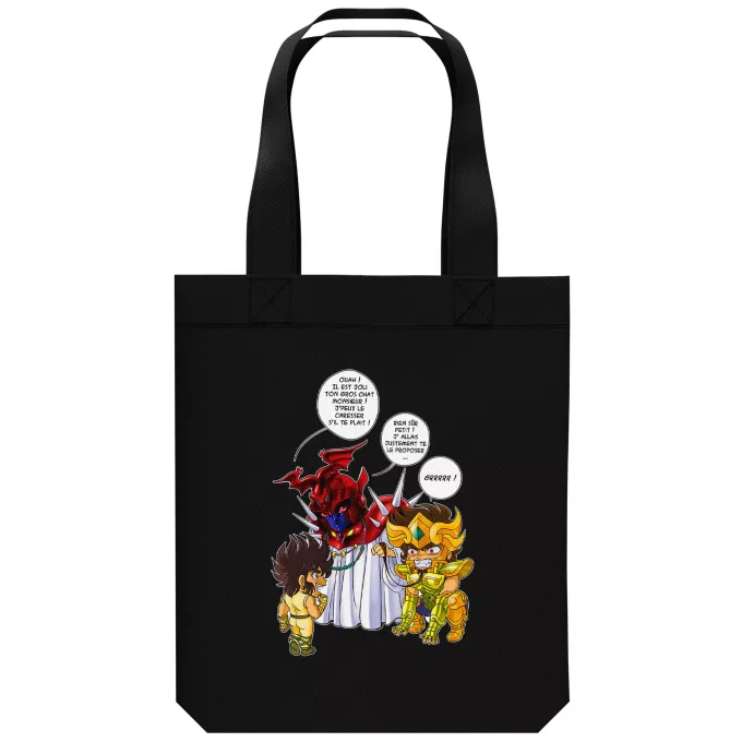 Sac Tote Bag en coton Bio Parodie Saint Seiya Un gros chat sauvage en laisse ! - Aiolia chevalier d'or du Lion face au Grand Pope
