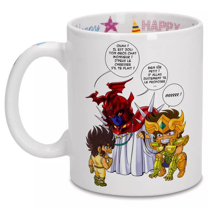 Mugs Anniversaire Parodie Saint Seiya Un gros chat sauvage en laisse ! - Aiolia chevalier d'or du Lion face au Grand Pope