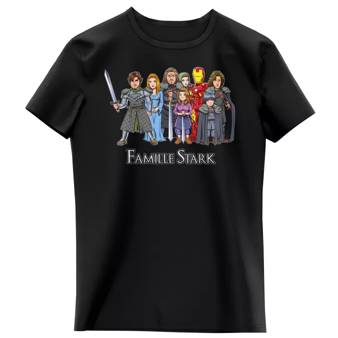 T-shirts Enfants Filles Parodie Iron Man La Famille Stark au complet ! - Eddard, Catelyn, Robb, Sansa, Arya, Brian, Rickon, Tony Stark