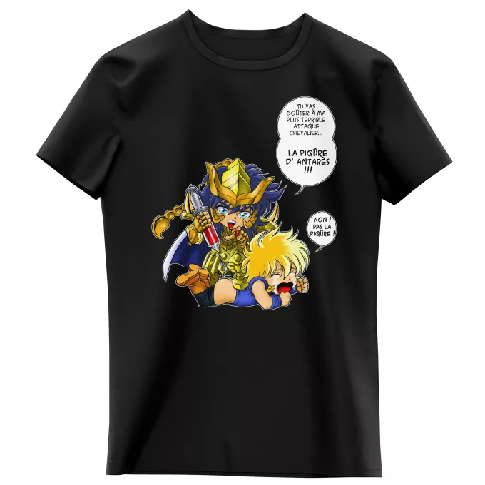T-shirts Enfants Filles Parodie Saint Seiya Non ! Pas la piqûre ! - Hyoga du cygne, Milo chevalier d'or du Scorpion