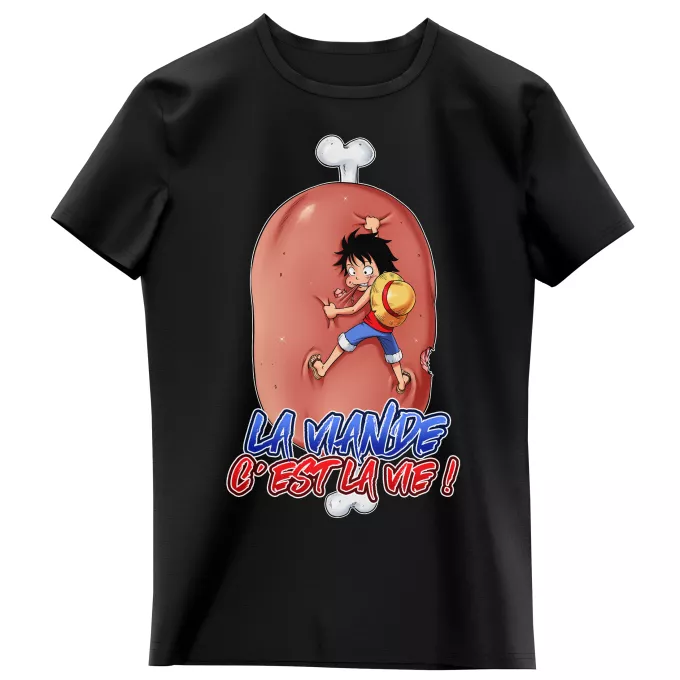 T-shirts Enfants Filles Parodie One Piece La Viande c'est la Vie - Giga Gigot édition ! - Monkey D Luffy aka le Futur Roi des Pirates
