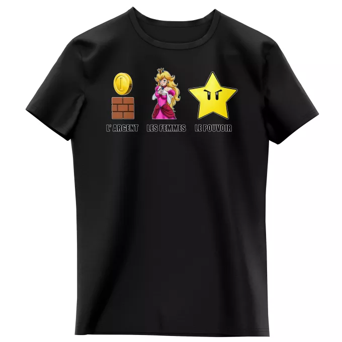 T-shirts Enfants Filles Parodie Super Mario Argent, Femmes et Pouvoir ! - Princesse Peach, l'étoile d'invincibilité