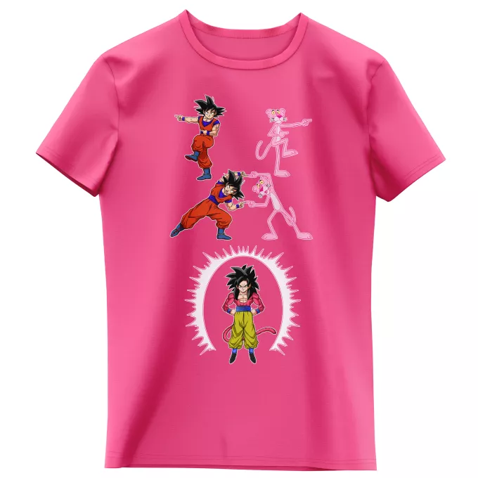 Mädchen Kinder T-Shirts Parodie auf Dragon Ball GT Son-Goku Super saiyajin 4 und die Pink-Panther-Reihe