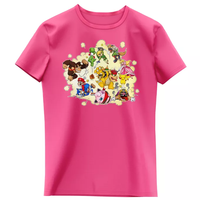 Mädchen Kinder T-Shirts Parodie auf Super Smash Bros Mario, Link, Fox, Bowser, Pikachu und Wario