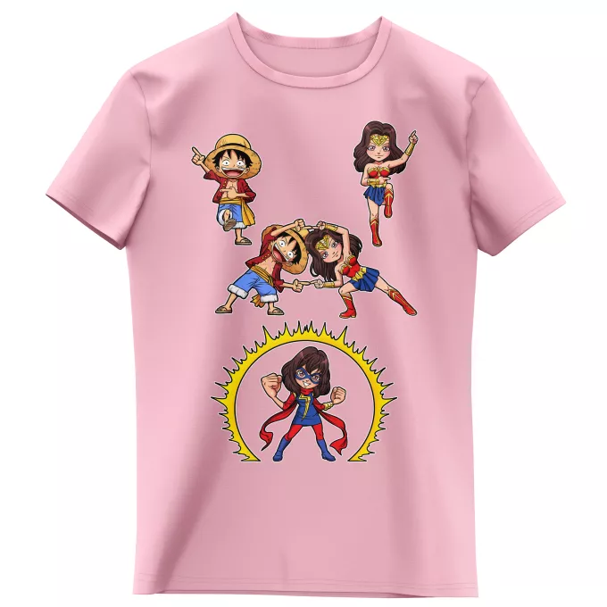 Girls Kids T-shirts Parody of One Piece Gomu Gomu no Fusion ! - Luffy, Wonder Woman, Kamala, Miss Marvel