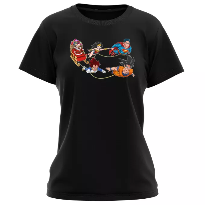 Damen T-shirts Parodie auf Dragon Ball Z - DBZ Funny Santa - Master Roshi, Son-Goku, Vegeta, Superman, Wonder Woman