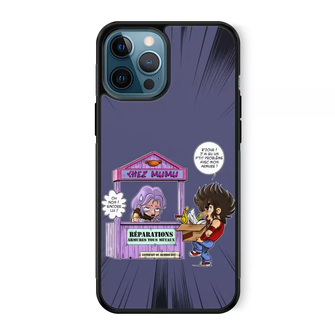 Coque pour téléphone portable iPhone 12 Pro Max Parodie Saint Seiya Réparations Tous Métaux ! - Seiya du Pégase, Mû du bélier