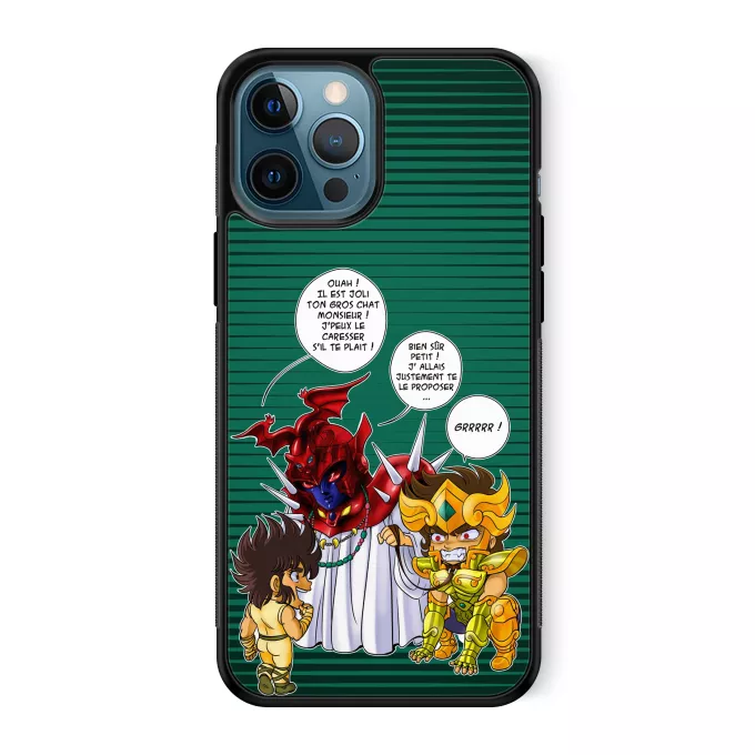 Coque pour téléphone portable iPhone 12 Pro Max Parodie Saint Seiya Un gros chat sauvage en laisse ! - Aiolia chevalier d'or du Lion face au Grand Pope