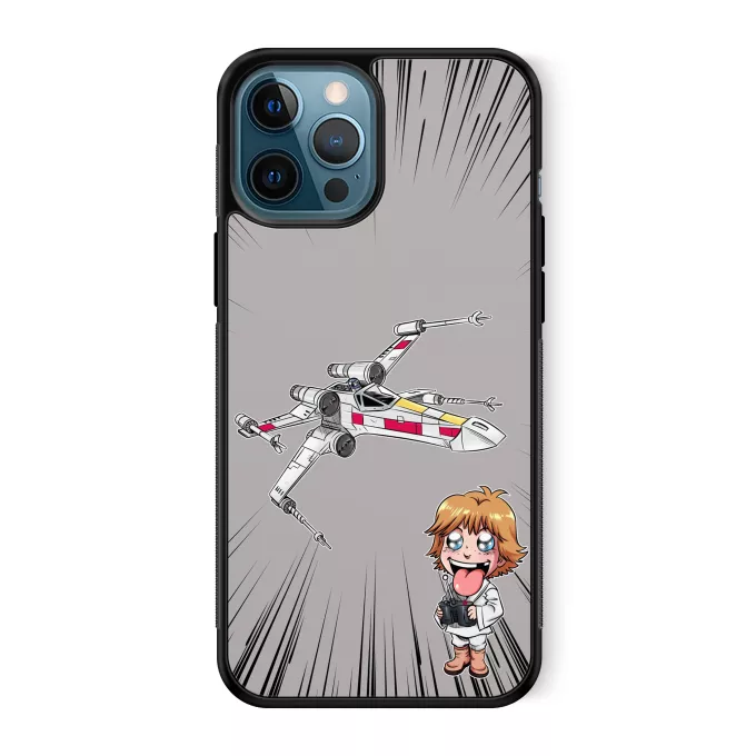 Hoesje voor iPhone 12 Pro Max Parodie Star Wars Cartoon SD Luke Skywalker en X-Wing Mini Drone