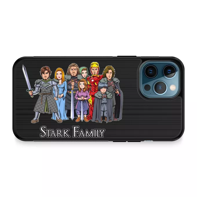 iPhone 12 Pro Max Handyhülle Parodie auf Game of Thrones Eddard, Catelyn, Robb, Sansa, Arya, Brian, Rickon und Tony Stark (Robert Downey Jr Caricature)