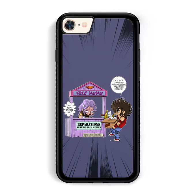 Coque pour téléphone portable iPhone 7 / 8 / SE2020 Parodie Saint Seiya Réparations Tous Métaux ! - Seiya du Pégase, Mû du bélier