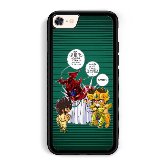 Coque pour téléphone portable iPhone 7 / 8 / SE2020 Parodie Saint Seiya Un gros chat sauvage en laisse ! - Aiolia chevalier d'or du Lion face au Grand Pope