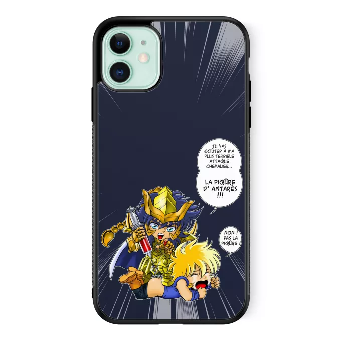 Coque pour téléphone portable iPhone 11 Parodie Saint Seiya Non ! Pas la piqûre ! - Hyoga du cygne, Milo chevalier d'or du Scorpion