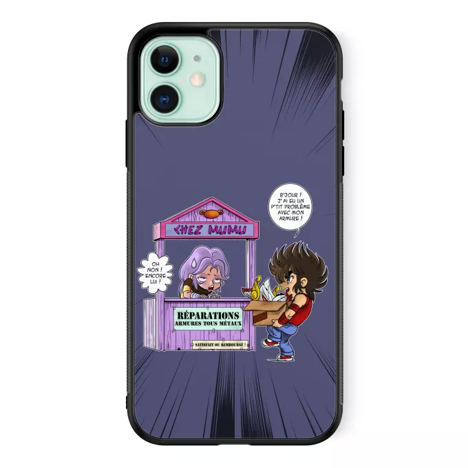 Coque pour téléphone portable iPhone 11 Parodie Saint Seiya Réparations Tous Métaux ! - Seiya du Pégase, Mû du bélier