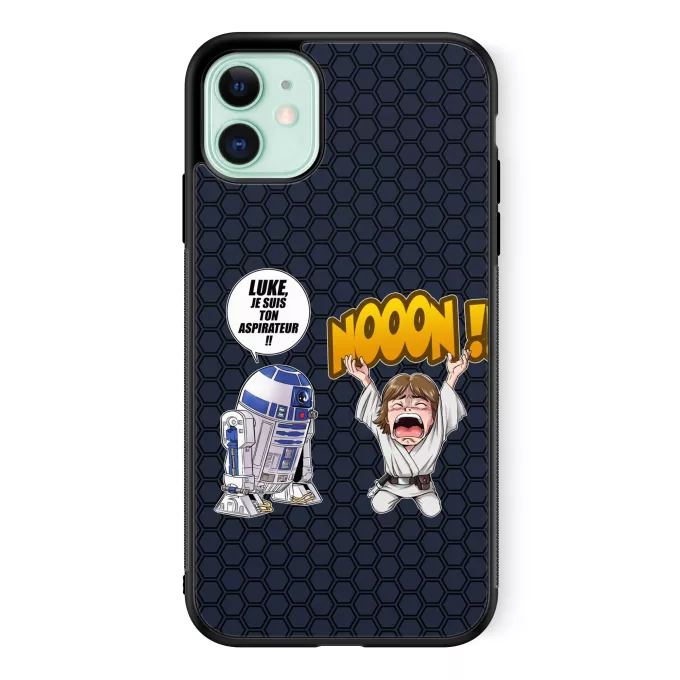 Coque pour téléphone portable iPhone 11 Parodie Star Wars Luke Life Episode V : un robot...ménager !! - Luke Skywalker, R2-D2