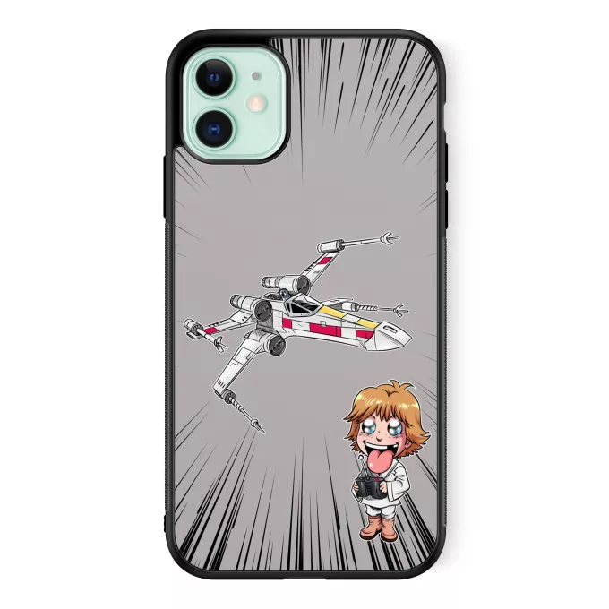 Hoesje voor iPhone 11 Parodie Star Wars Cartoon SD Luke Skywalker en X-Wing Mini Drone