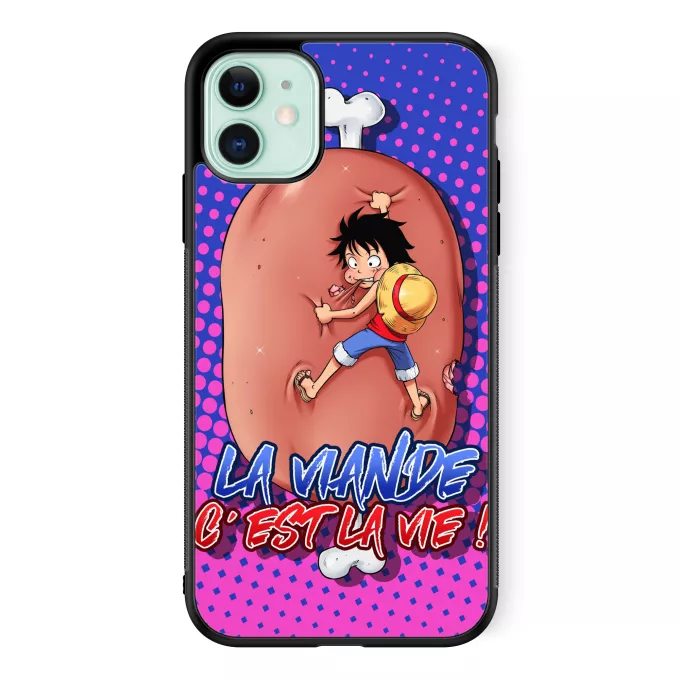 Coque pour téléphone portable iPhone 11 Parodie One Piece La Viande c'est la Vie - Giga Gigot édition ! - Monkey D Luffy aka le Futur Roi des Pirates