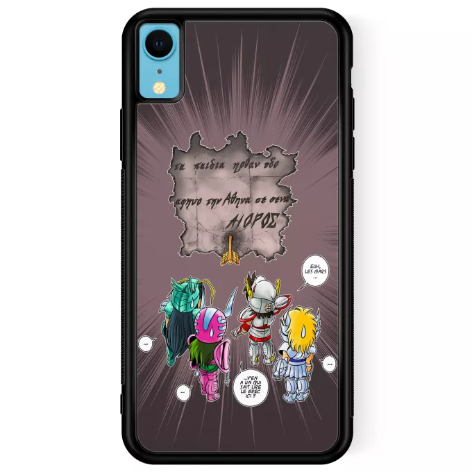 Coque pour téléphone portable iPhone XR Parodie Saint Seiya 4 touristes japonais perdus en Grèce... - Shiryu, Hyoga, Shun dans la maison d'Aioros