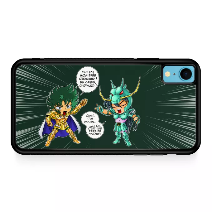 Coque pour téléphone portable iPhone XR Parodie Saint Seiya J't'ai cassé là ! - Shura chevalier d'or du Capricorne, Shiryu du Dragon