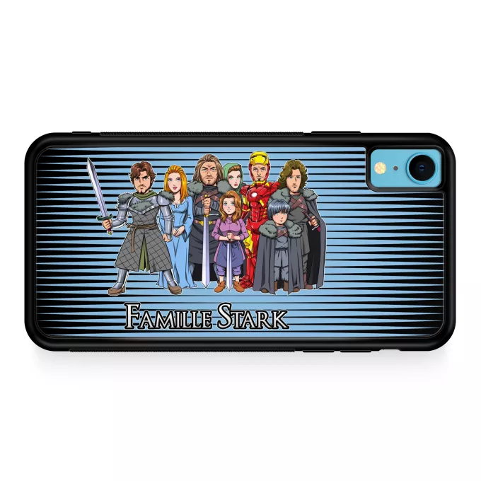 Coque pour téléphone portable iPhone XR Parodie Game of Thrones The Stark Family (Avec Robert Downey Jr dans le rôle de Tony) - Eddard, Catelyn, Robb, Sansa, Arya, Brian, Rickon, Tony Stark (Robert Downey Jr dans le rôle de Tony)