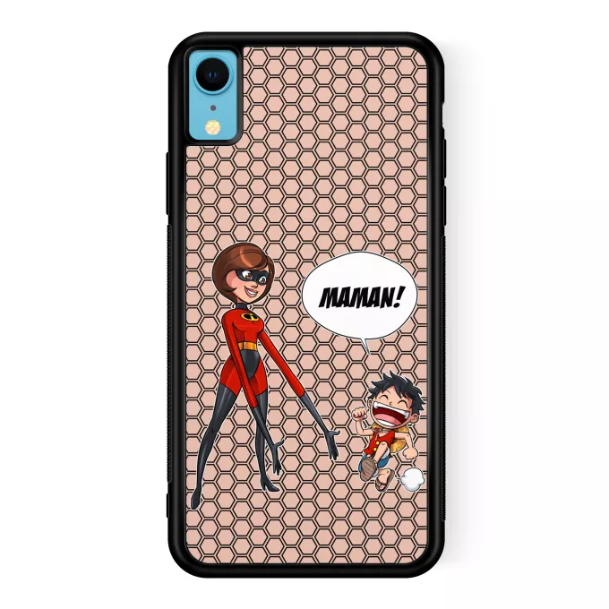 Coque pour téléphone portable iPhone XR Parodie One Piece Super Maman !! - Elasticgirl la Maman indestructible, Luffy