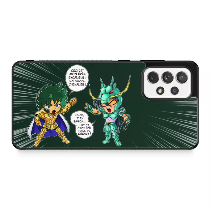 Coque pour téléphone portable Samsung Galaxy A52 Parodie Saint Seiya J't'ai cassé là ! - Shura chevalier d'or du Capricorne, Shiryu du Dragon