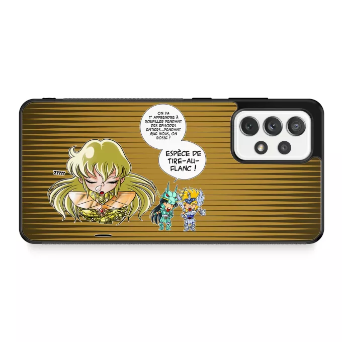 Coque pour téléphone portable Samsung Galaxy A52 Parodie Saint Seiya La technique interdite: le Roupillon du Lotus !! - Shiryu du Dragon, Hyoga du Cygne, Shaka