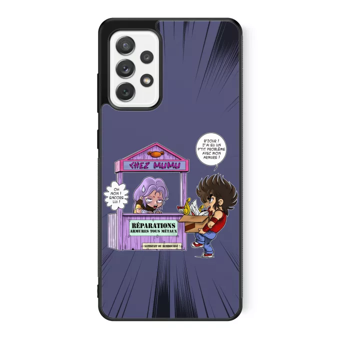 Coque pour téléphone portable Samsung Galaxy A52 Parodie Saint Seiya Réparations Tous Métaux ! - Seiya du Pégase, Mû du bélier