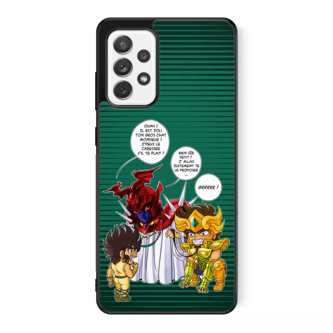 Coque pour téléphone portable Samsung Galaxy A52 Parodie Saint Seiya Un gros chat sauvage en laisse ! - Aiolia chevalier d'or du Lion face au Grand Pope