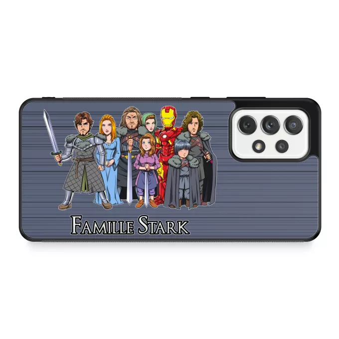Coque pour téléphone portable Samsung Galaxy A52 Parodie Iron Man La Famille Stark au complet ! - Eddard, Catelyn, Robb, Sansa, Arya, Brian, Rickon, Tony Stark