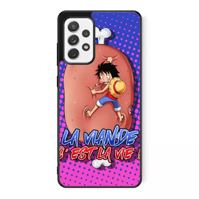 Coque pour téléphone portable Samsung Galaxy A52 Parodie One Piece La Viande c'est la Vie - Giga Gigot édition ! - Monkey D Luffy aka le Futur Roi des Pirates