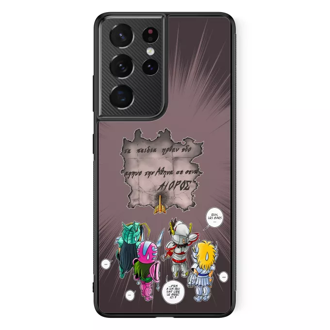 Coque pour téléphone portable Samsung Galaxy S21 Ultra Parodie Saint Seiya 4 touristes japonais perdus en Grèce... - Shiryu, Hyoga, Shun dans la maison d'Aioros