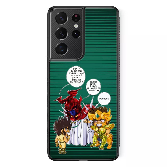 Coque pour téléphone portable Samsung Galaxy S21 Ultra Parodie Saint Seiya Un gros chat sauvage en laisse ! - Aiolia chevalier d'or du Lion face au Grand Pope