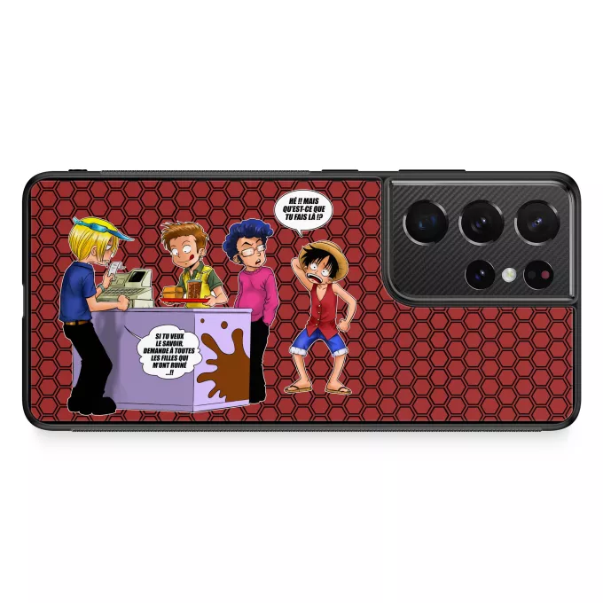 Coque pour téléphone portable Samsung Galaxy S21 Ultra Parodie One Piece ça se passe comme ça chez les dragueurs... :) - Sanji, Luffy