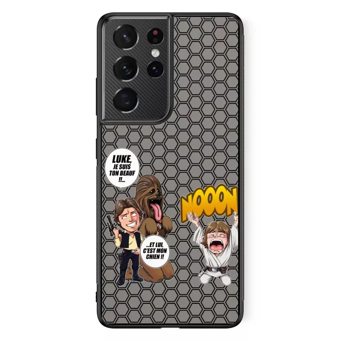 Coque pour téléphone portable Samsung Galaxy S21 Ultra Parodie Star Wars Luke Life Episode III : Un beauf carrément beauf :) - Luke Skywalker, Chewbacca, Han Solo