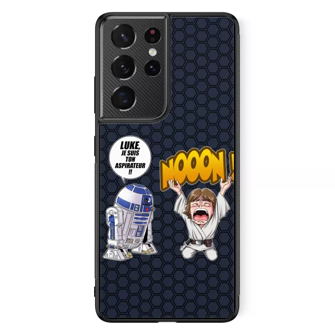 Coque pour téléphone portable Samsung Galaxy S21 Ultra Parodie Star Wars Luke Life Episode V : un robot...ménager !! - Luke Skywalker, R2-D2