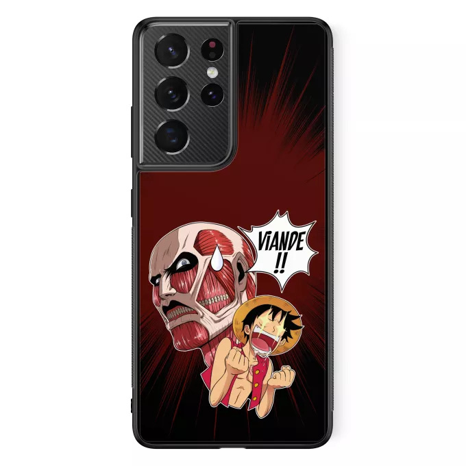 Coque pour téléphone portable Samsung Galaxy S21 Ultra Parodie One Piece Steak Titanesque... - Titan Colossal VS Luffy