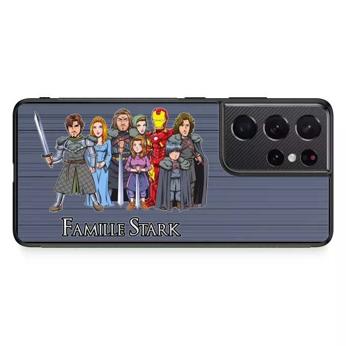 Coque pour téléphone portable Samsung Galaxy S21 Ultra Parodie Iron Man La Famille Stark au complet ! - Eddard, Catelyn, Robb, Sansa, Arya, Brian, Rickon, Tony Stark