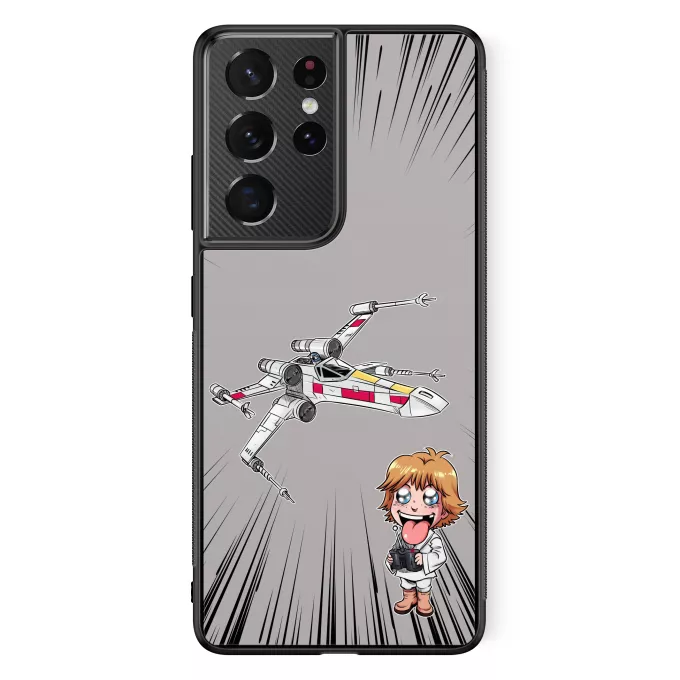 Hoesje voor Samsung Galaxy S21 Ultra Parodie Star Wars Cartoon SD Luke Skywalker en X-Wing Mini Drone