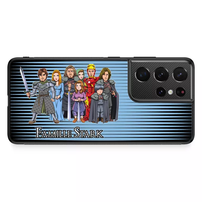 Coque pour téléphone portable Samsung Galaxy S21 Ultra Parodie Game of Thrones The Stark Family (Avec Robert Downey Jr dans le rôle de Tony) - Eddard, Catelyn, Robb, Sansa, Arya, Brian, Rickon, Tony Stark (Robert Downey Jr dans le rôle de Tony)