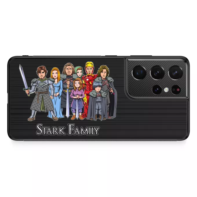 Samsung Galaxy S21 Ultra Handyhülle Parodie auf Game of Thrones Eddard, Catelyn, Robb, Sansa, Arya, Brian, Rickon und Tony Stark (Robert Downey Jr Caricature)