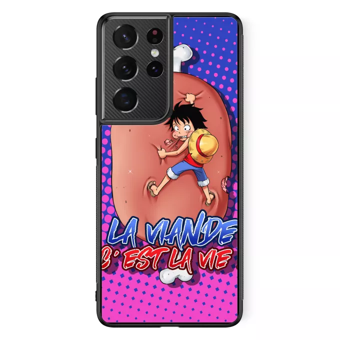 Coque pour téléphone portable Samsung Galaxy S21 Ultra Parodie One Piece La Viande c'est la Vie - Giga Gigot édition ! - Monkey D Luffy aka le Futur Roi des Pirates