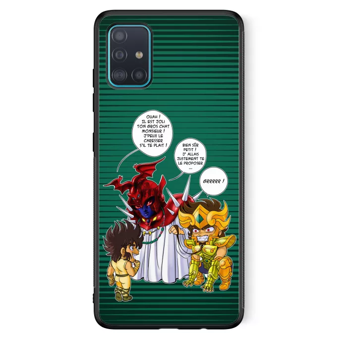 Coque pour téléphone portable Samsung Galaxy A51 5G Parodie Saint Seiya Un gros chat sauvage en laisse ! - Aiolia chevalier d'or du Lion face au Grand Pope